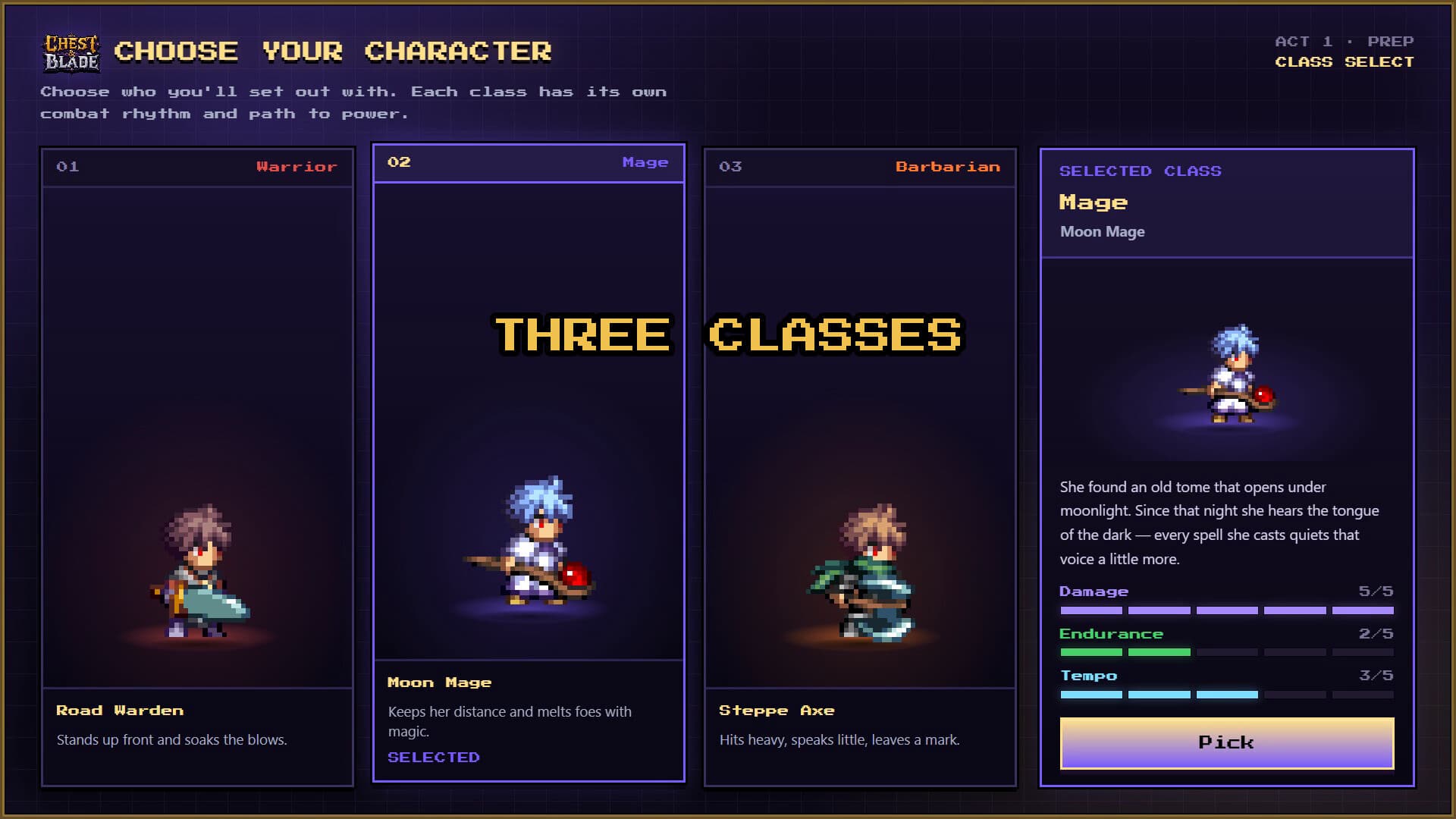 Chest & Blade ekran görüntüsü: Üç sınıf